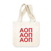 Alpha Omicron Pi sorority letters digitally printed in sorority colors on natural canvas mini tote gift bag.