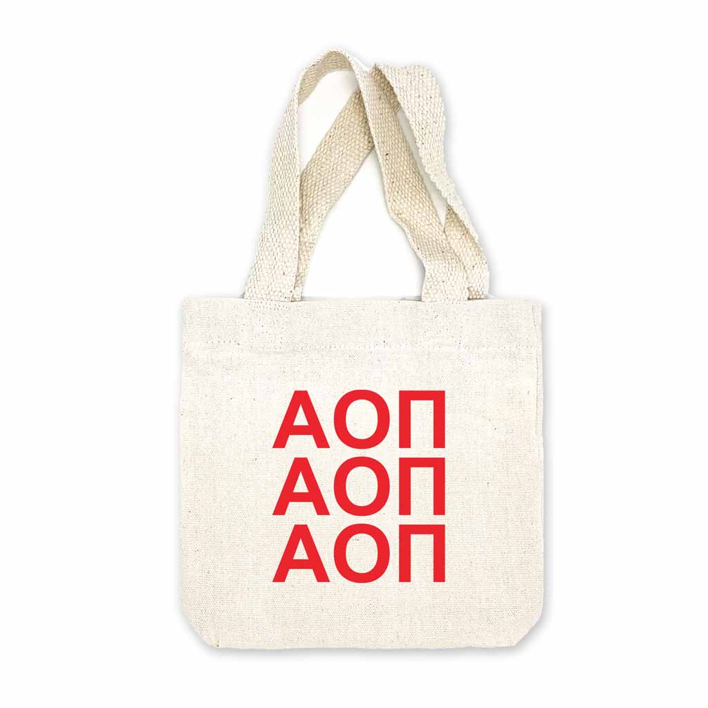 Sorority greek letters printed in sorority colors on natural canvas mini tote gift bag.