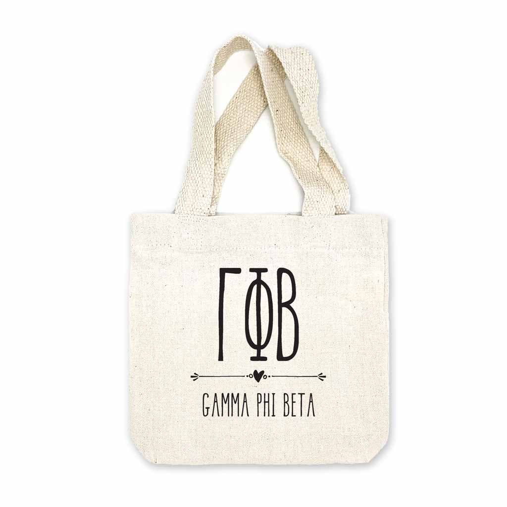 Gamma Phi Beta sorority name and letters digitally printed in black ink boho design on natural canvas mini tote gift bag.