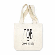 Gamma Phi Beta sorority name and letters digitally printed in black ink boho design on natural canvas mini tote gift bag.