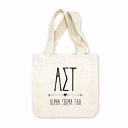 Alpha Sigma Tau sorority name and letters digitally printed in black ink boho design on natural canvas mini tote gift bag.