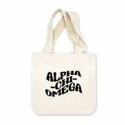 Alpha Chi Omega sorority name digitally printed in black ink mod design on natural canvas mini tote gift bag.