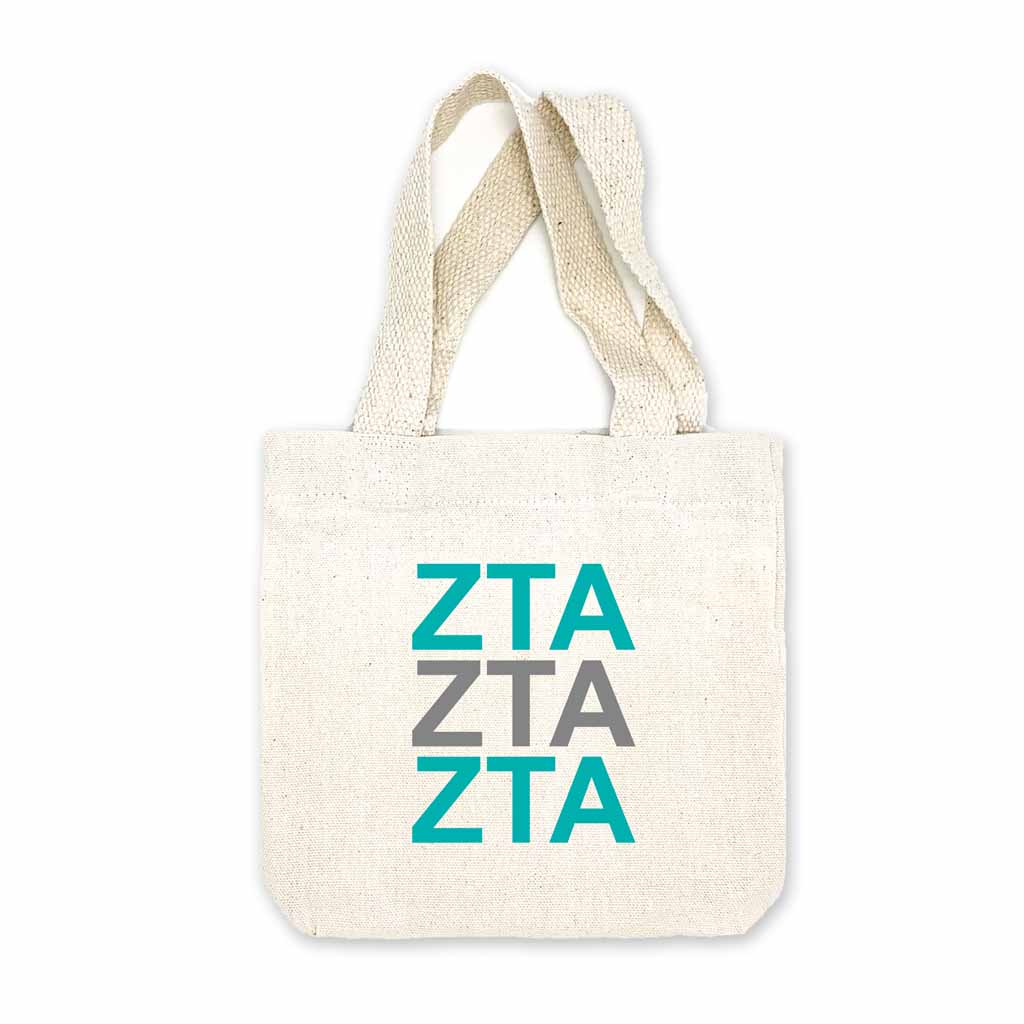 Zeta Tau  Alpha sorority letters digitally printed in sorority colors on natural canvas mini tote gift bag.