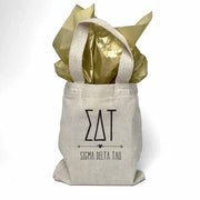  Sigma Delta Tau sorority name and letters digitally printed in black ink boho design on natural canvas mini tote gift bag.