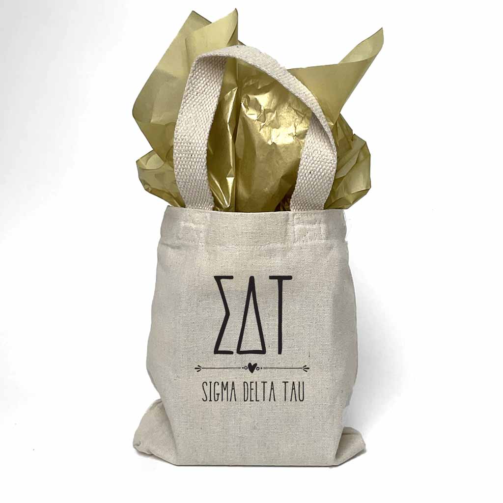  Sigma Delta Tau sorority name and letters digitally printed in black ink boho design on natural canvas mini tote gift bag.