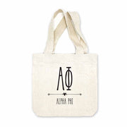 Alpha Phi sorority name and letters digitally printed in black ink boho design on natural canvas mini tote gift bag.