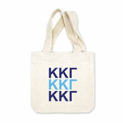 Sorority greek letters printed in sorority colors on natural canvas mini tote gift bag.