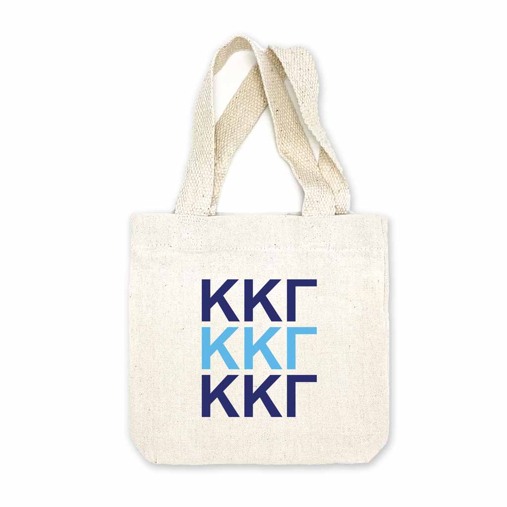 Sorority greek letters printed in sorority colors on natural canvas mini tote gift bag.