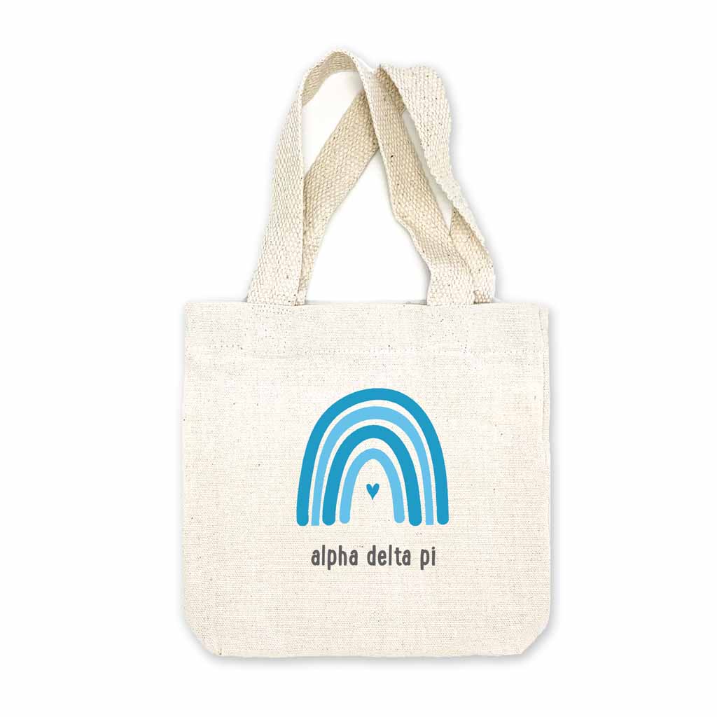 Alpha Delta Pi sorority name digitally printed with rainbow design on natural canvas mini tote gift bag.