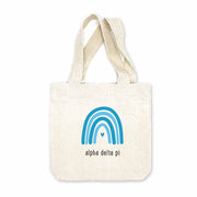 Alpha Delta Pi sorority name digitally printed with rainbow design on natural canvas mini tote gift bag.