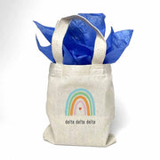 Sorority name printed with rainbow design on mini natural canvas tote bag makes the perfect gift for your sorority sisters.