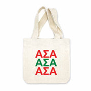 Alpha Sigma Alpha sorority letters digitally printed in sorority colors on natural canvas mini tote gift bag.