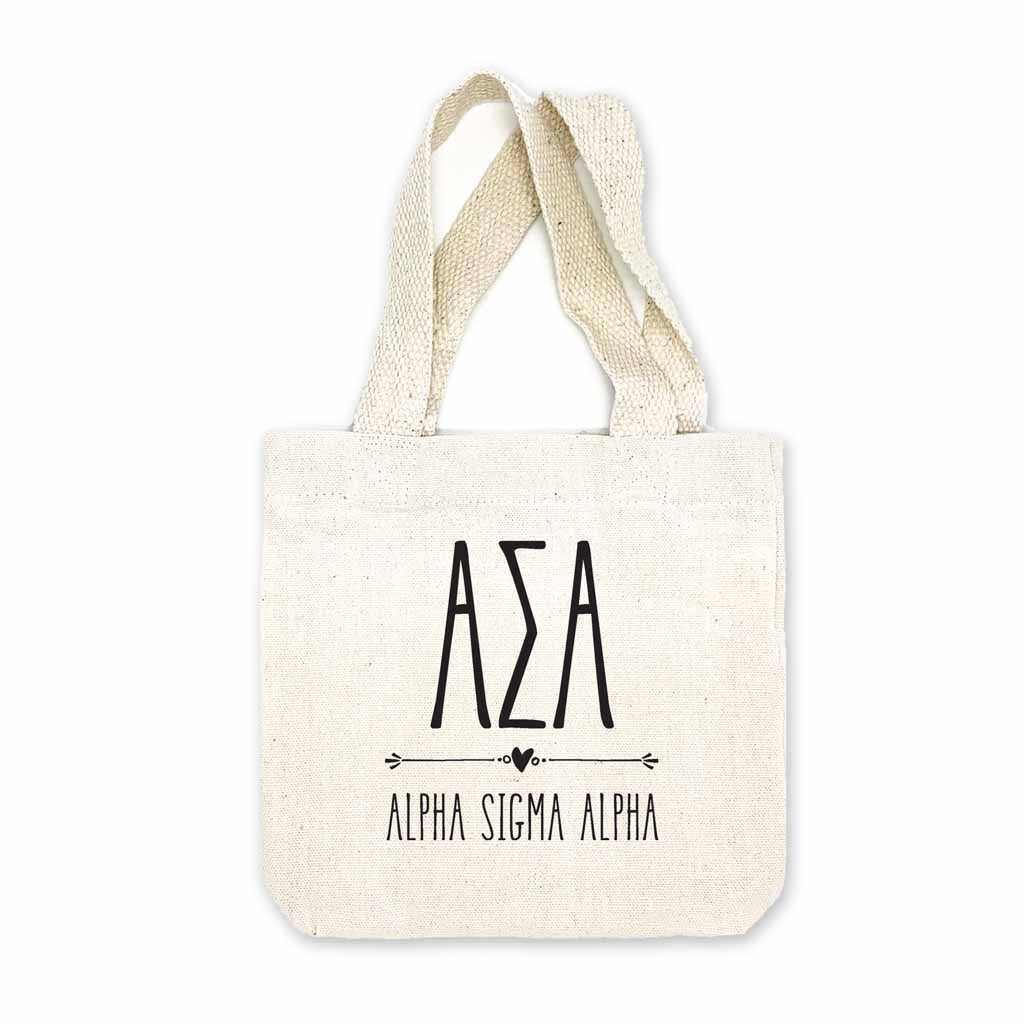 Alpha Sigma Alpha sorority name and letters digitally printed in black ink boho design on natural canvas mini tote gift bag.