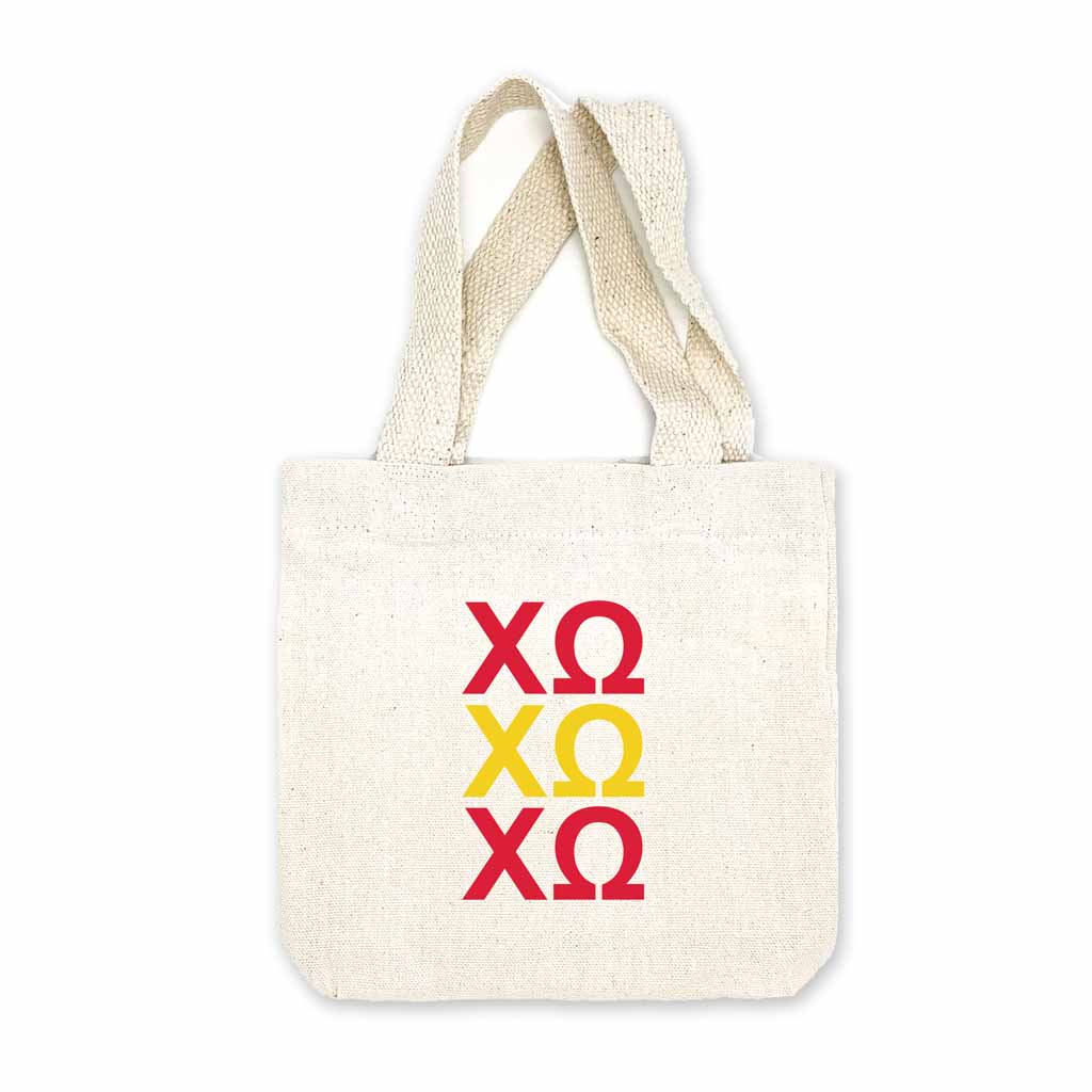 Chi Omega sorority letters digitally printed in sorority colors on natural canvas mini tote gift bag.