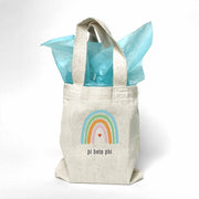 Sorority name printed with rainbow design on mini natural canvas tote bag makes the perfect gift for your sorority sisters.