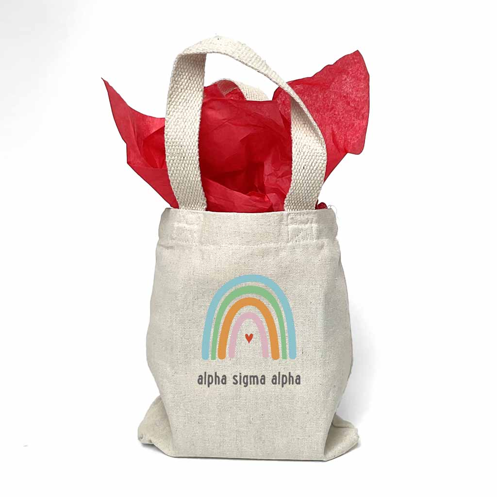 Sorority name printed with rainbow design on mini natural canvas tote bag makes the perfect gift for your sorority sisters.