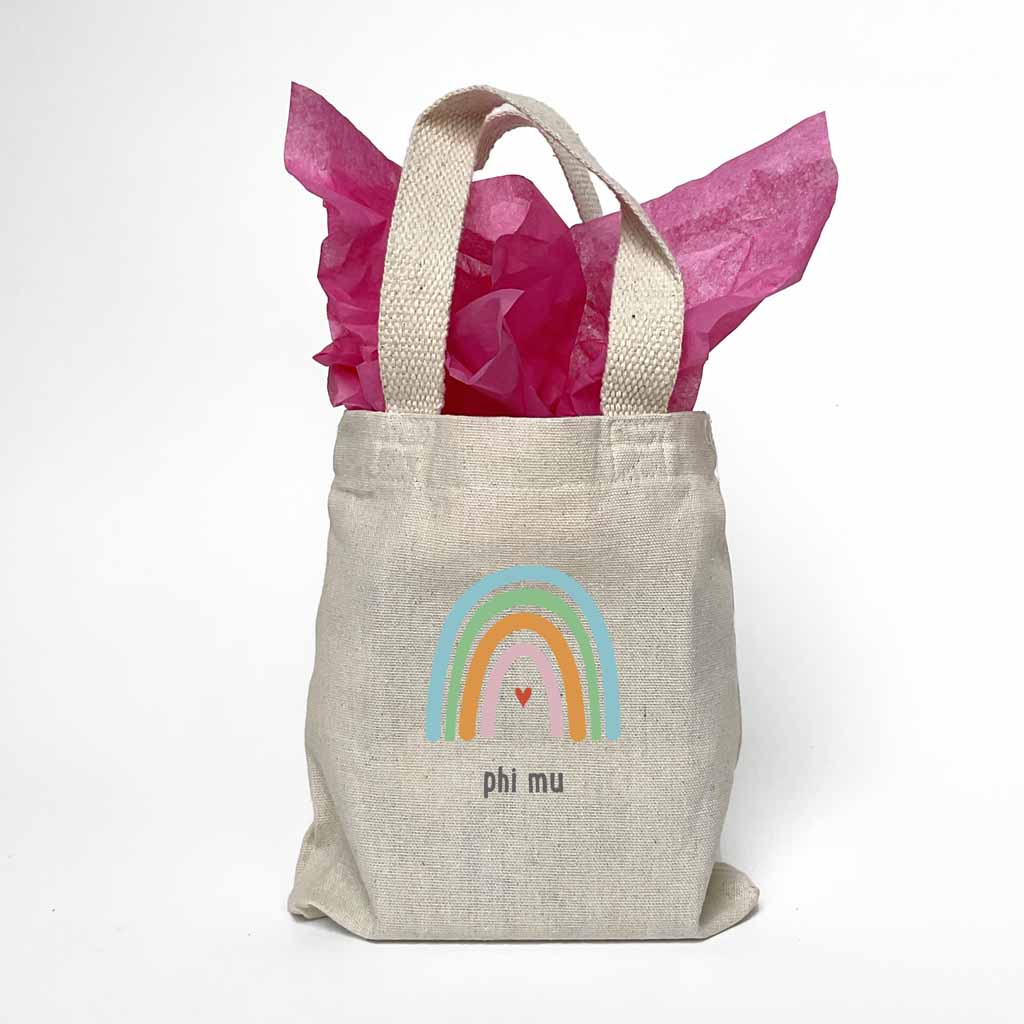 Sorority name printed with rainbow design on mini natural canvas tote bag makes the perfect gift for your sorority sisters.