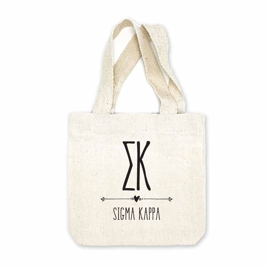 Sigma Kappa sorority name and letters digitally printed in black ink boho design on natural canvas mini tote gift bag.