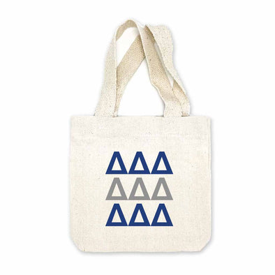 Tri Delta sorority letters digitally printed in sorority colors on natural canvas mini tote gift bag.