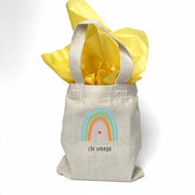 Sorority name printed with rainbow design on mini natural canvas tote bag makes the perfect gift for your sorority sisters.