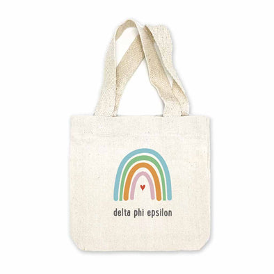 Delta Phi Epsilon sorority name digitally printed with rainbow design on natural canvas mini tote gift bag.
