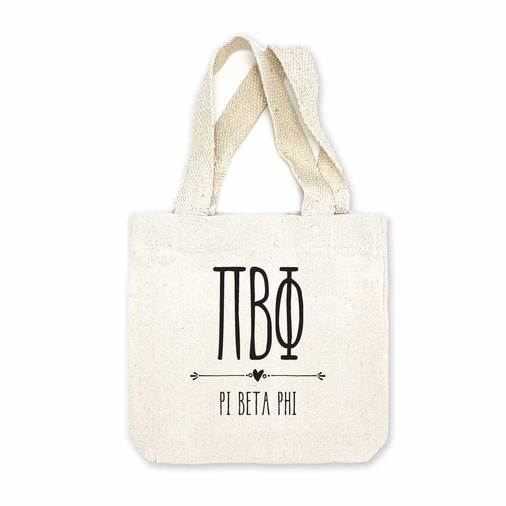 Pi Beta Phi sorority name and letters digitally printed in black ink boho design on natural canvas mini tote gift bag.