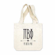 Pi Phi sorority name and letters digitally printed in black ink boho design on natural canvas mini tote gift bag.