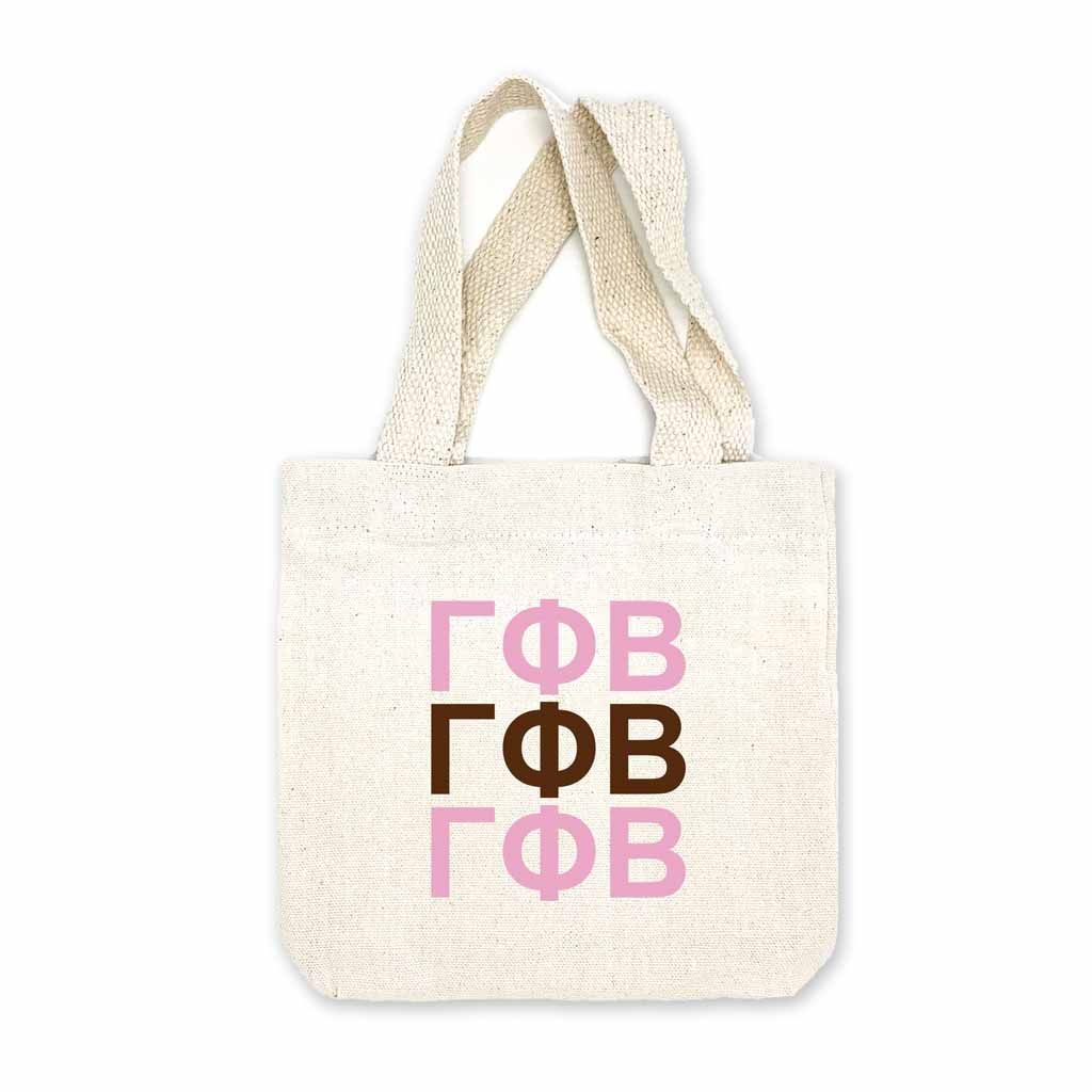 Gamma Phi Beta sorority letters digitally printed in sorority colors on natural canvas mini tote gift bag.