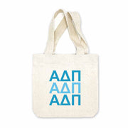 Sorority greek letters printed in sorority colors on natural canvas mini tote gift bag.