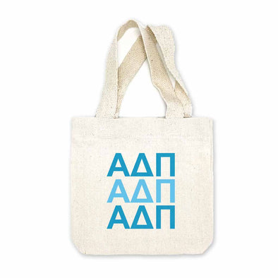 Alpha Delta Pi sorority letters digitally printed in sorority colors on natural canvas mini tote gift bag.