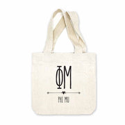 Phi Mu sorority name and letters digitally printed in black ink boho design on natural canvas mini tote gift bag.