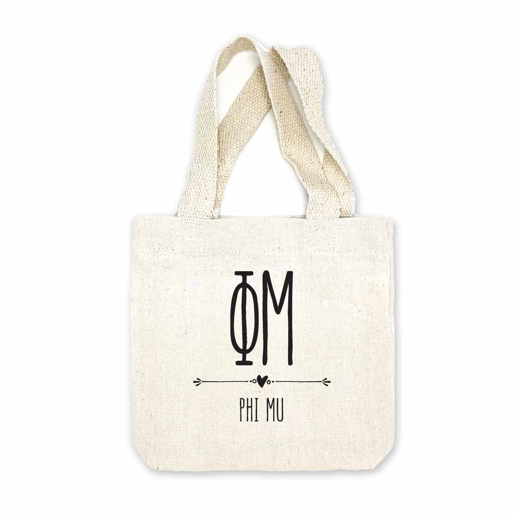 Phi Mu sorority name and letters digitally printed in black ink boho design on natural canvas mini tote gift bag.
