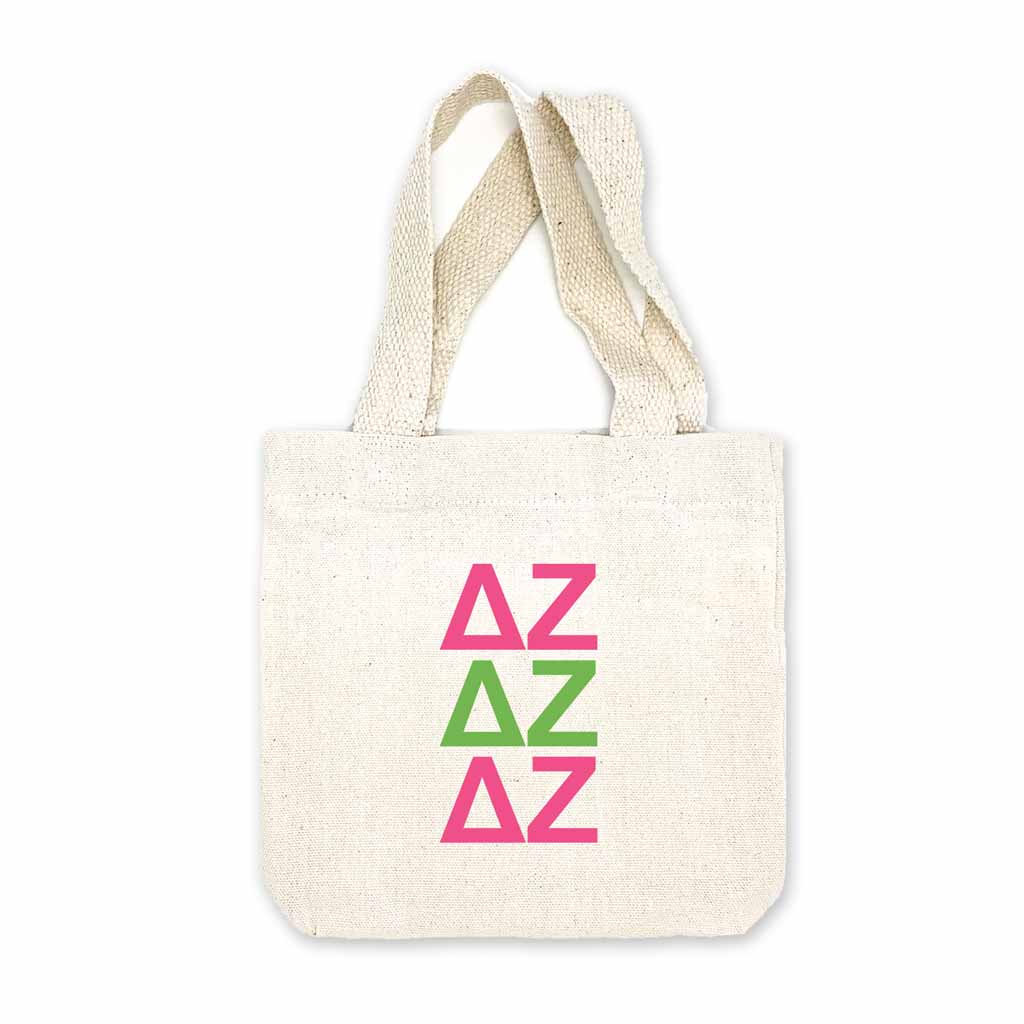 Delta Zeta sorority letters digitally printed in sorority colors on natural canvas mini tote gift bag.