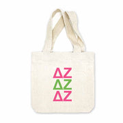 Delta Zeta sorority letters digitally printed in sorority colors on natural canvas mini tote gift bag.