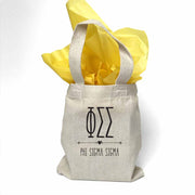 Phi Sigma Sigma sorority name and letters digitally printed in black ink boho design on natural canvas mini tote gift bag.