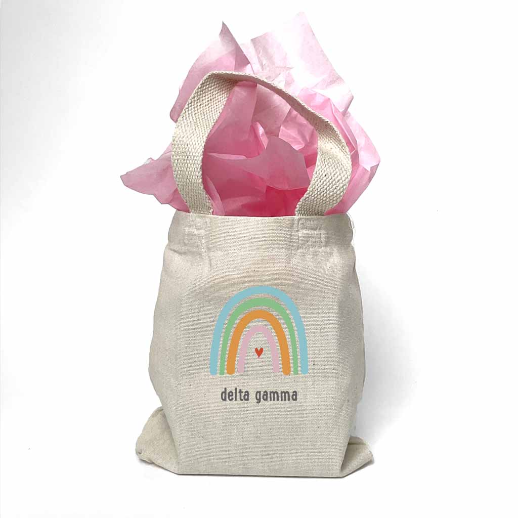 Sorority name printed with rainbow design on mini natural canvas tote bag makes the perfect gift for your sorority sisters.
