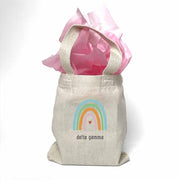 Sorority name printed with rainbow design on mini natural canvas tote bag makes the perfect gift for your sorority sisters.