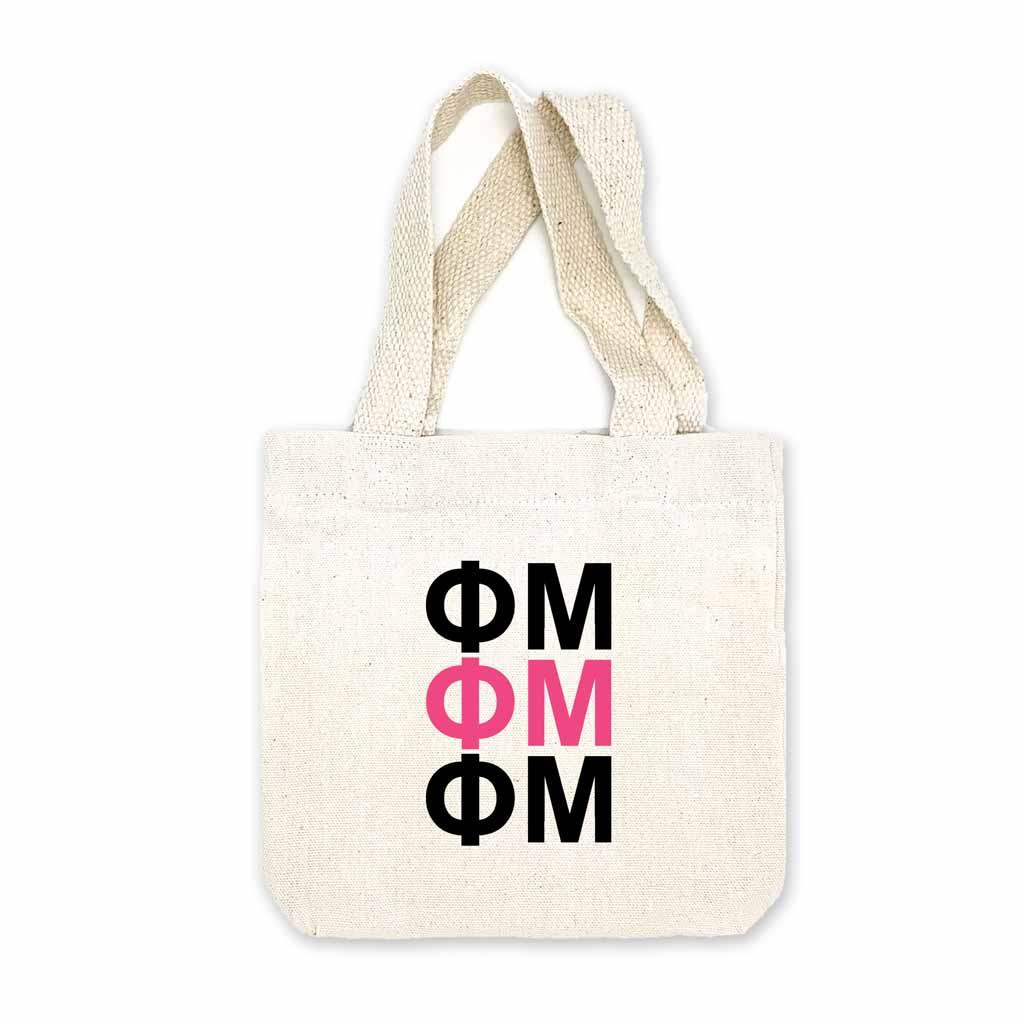 Phi Mu sorority letters digitally printed in sorority colors on natural canvas mini tote gift bag.