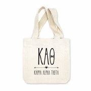 Kappa Alpha Theta sorority name and letters digitally printed in black ink boho design on natural canvas mini tote gift bag.
