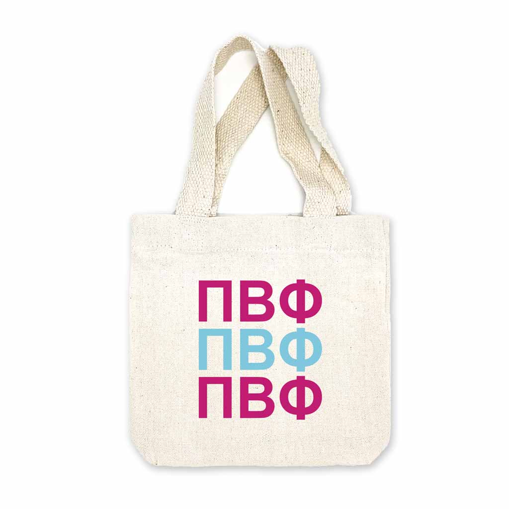 Pi Beta Phi sorority letters digitally printed in sorority colors on natural canvas mini tote gift bag.