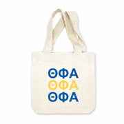 Theta Phi Alpha sorority letters digitally printed in sorority colors on natural canvas mini tote gift bag.