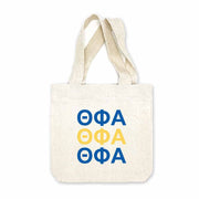 Sorority greek letters printed in sorority colors on natural canvas mini tote gift bag.