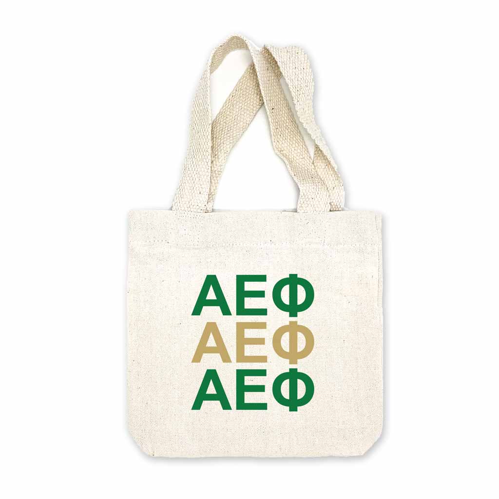 Alpha Epsilon Phi sorority letters digitally printed in sorority colors on natural canvas mini tote gift bag.