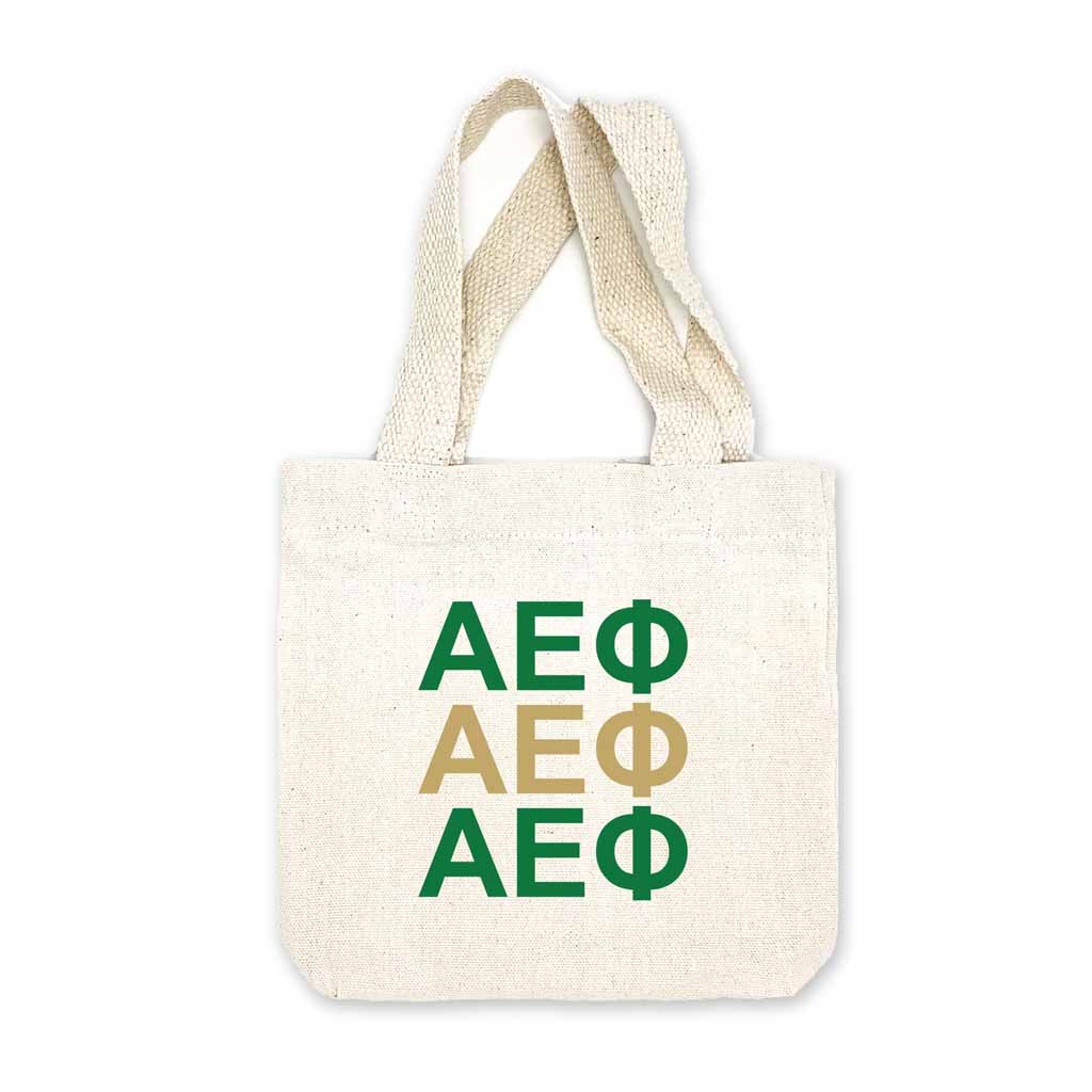 Sorority greek letters printed in sorority colors on natural canvas mini tote gift bag.