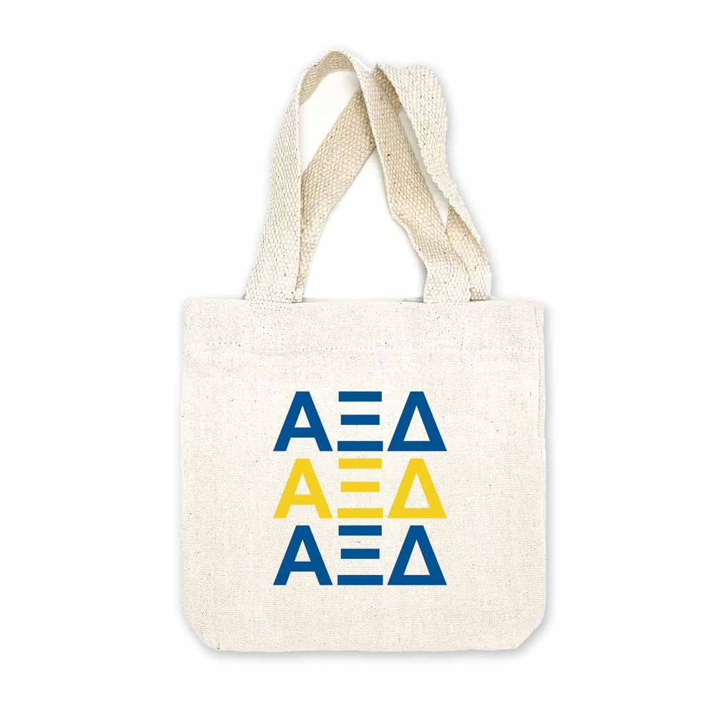 Alpha Xi Delta sorority letters digitally printed in sorority colors on natural canvas mini tote gift bag.
