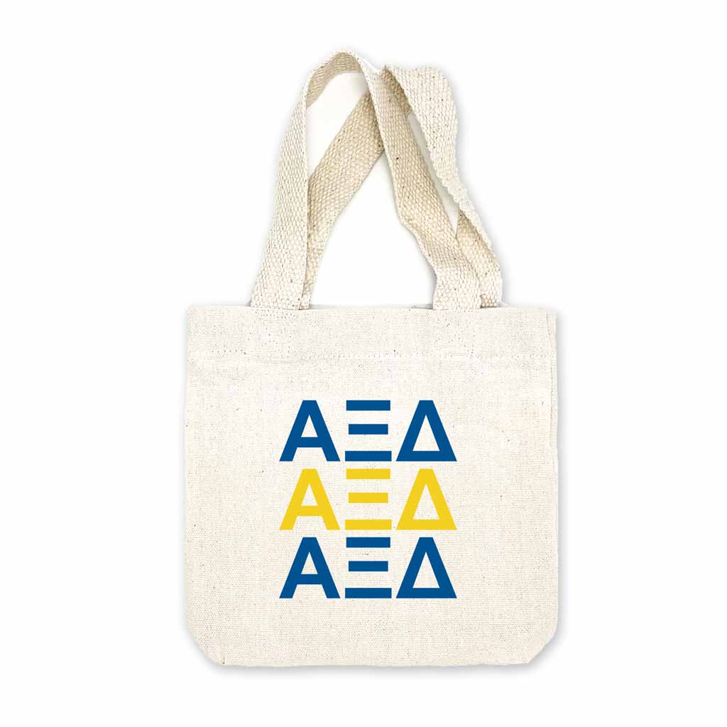 Alpha Xi Delta sorority letters digitally printed in sorority colors on natural canvas mini tote gift bag.