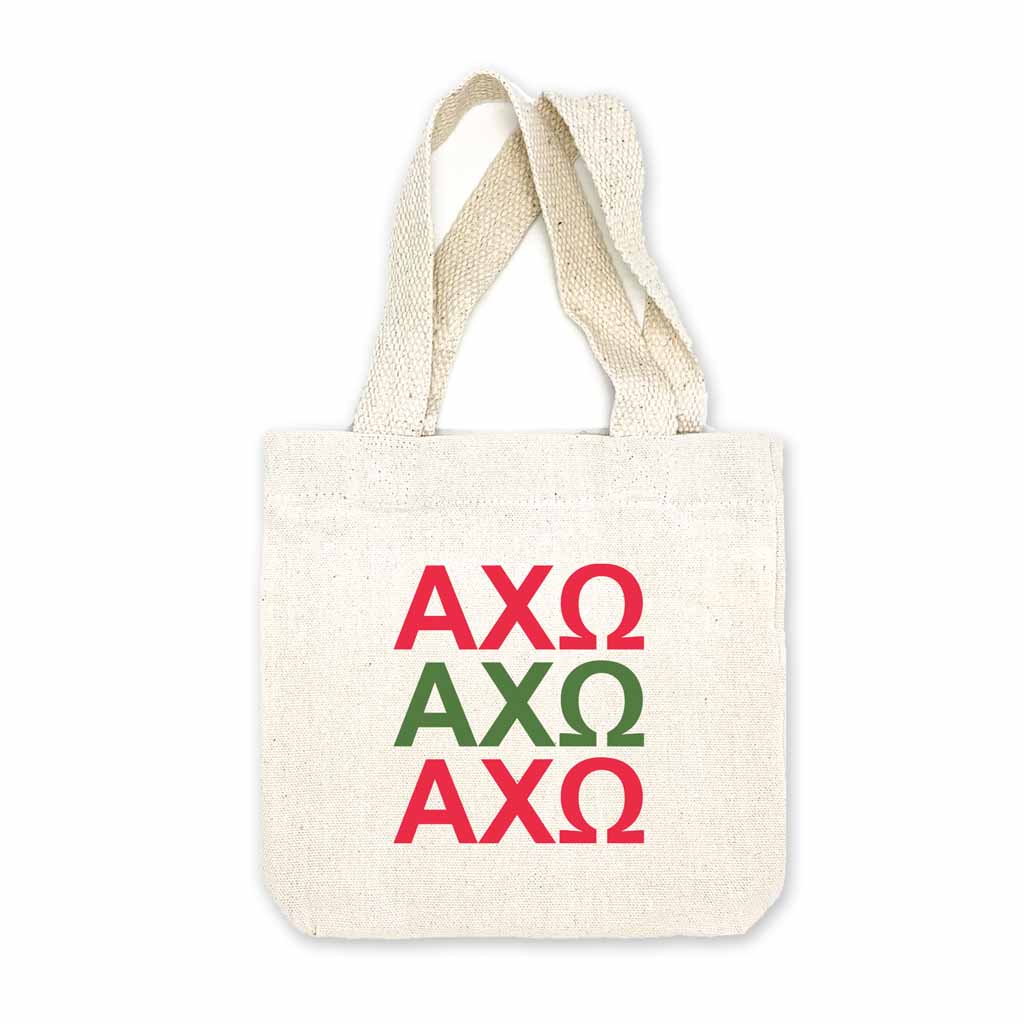 Alpha Chi Omega sorority letters digitally printed in sorority colors on natural canvas mini tote gift bag.