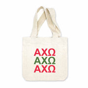 Alpha Chi Omega sorority letters digitally printed in sorority colors on natural canvas mini tote gift bag.