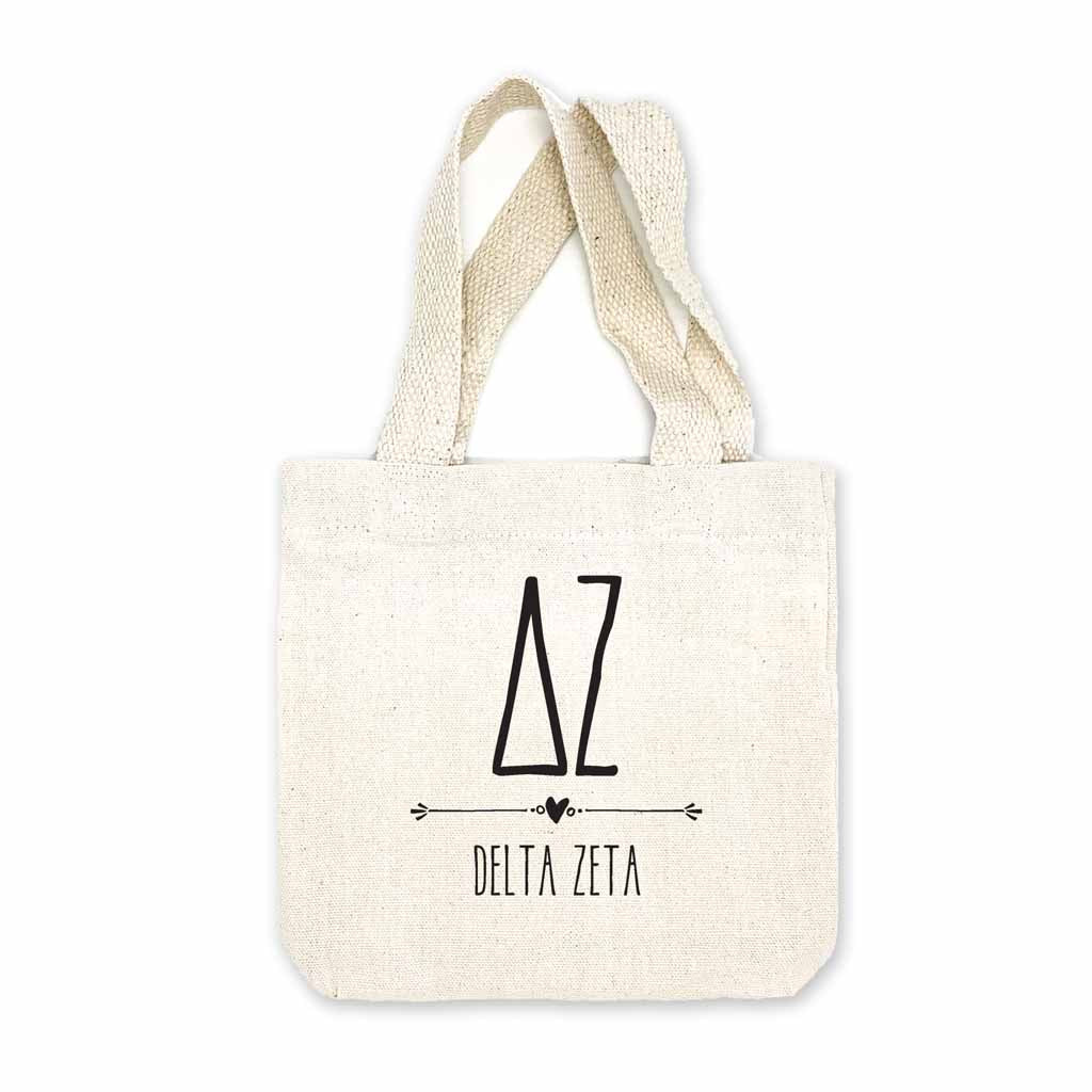 Delta Zeta sorority name and letters digitally printed in black ink boho design on natural canvas mini tote gift bag.