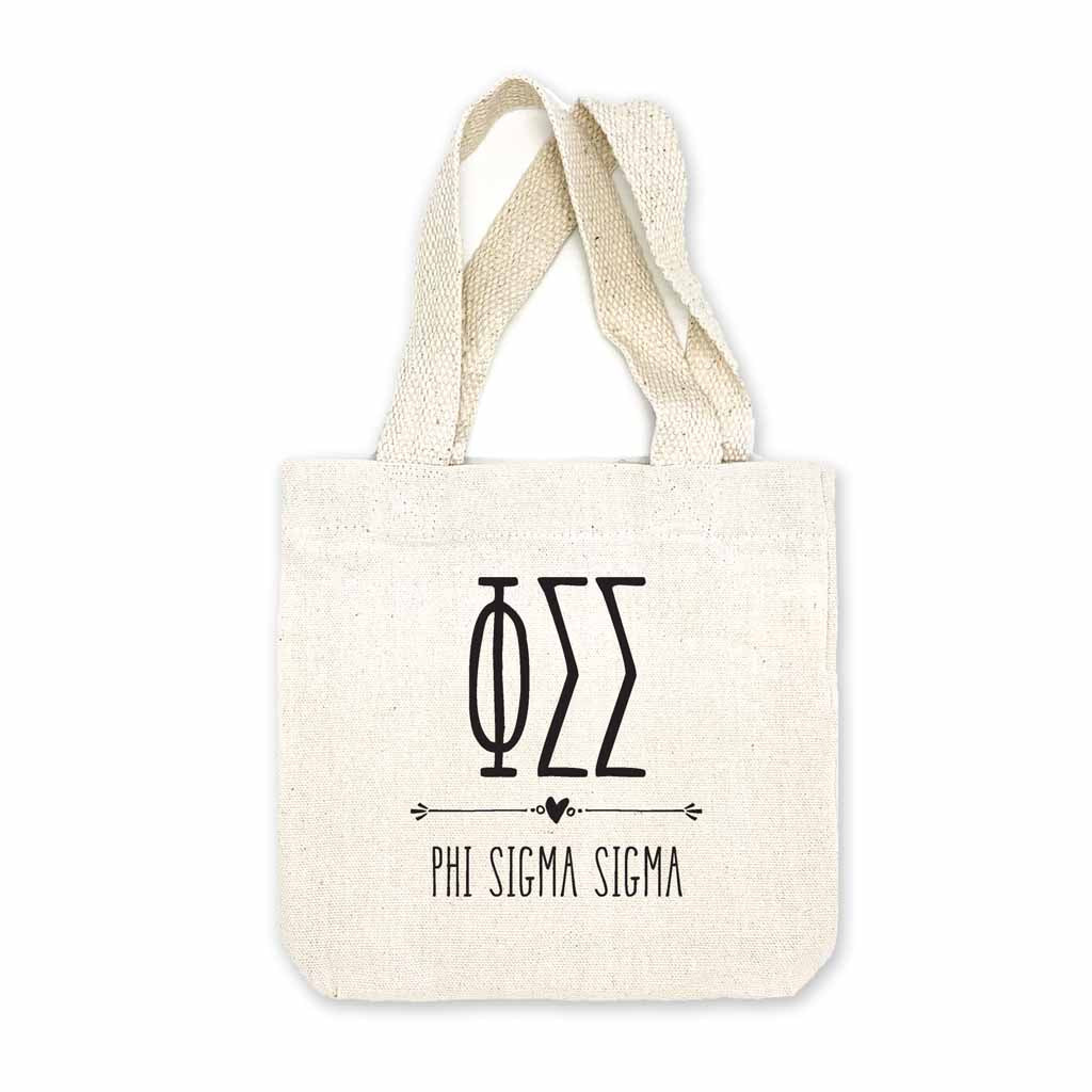 Phi Sigma Sigma sorority name and letters digitally printed in black ink boho design on natural canvas mini tote gift bag.